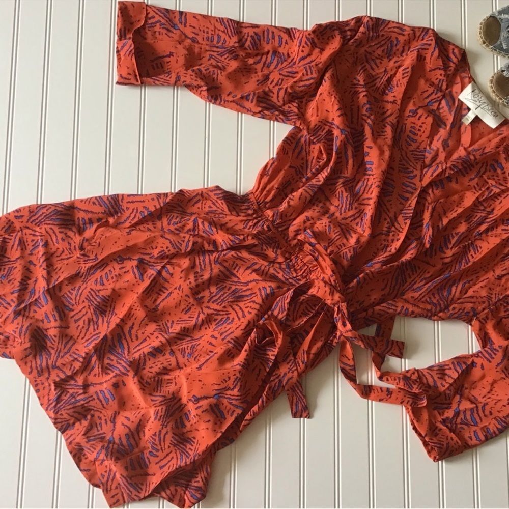 NWOT Rory Beca Silk Wrap V Neck Popover Relaxed Tie Dress Cuff 3/4 Sleeves L